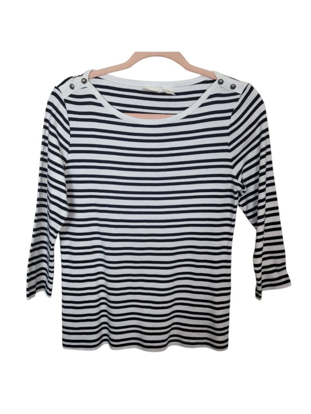 Chico's White Navy Striped Tee Shirt 100% Cotton 3/4 Sleeves Coastal Grandma Sm